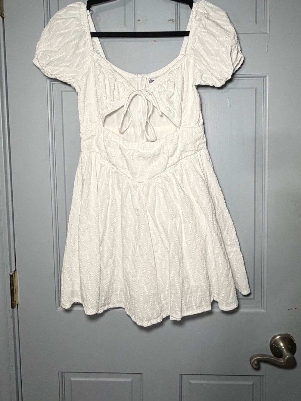 Princess Polly White Puff-Sleeve Eyelet Dress with Front Tie